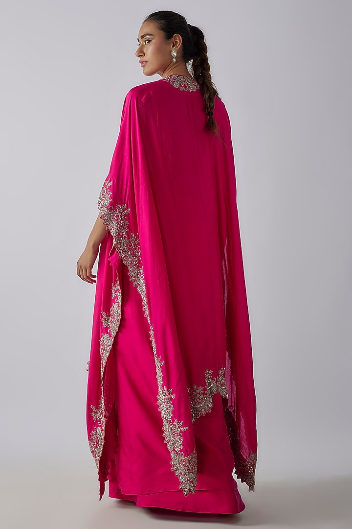 Fuchsia Silk Zardosi Embroidered Cape Set by Jayanti Reddy at Pernia's Pop Up Shop