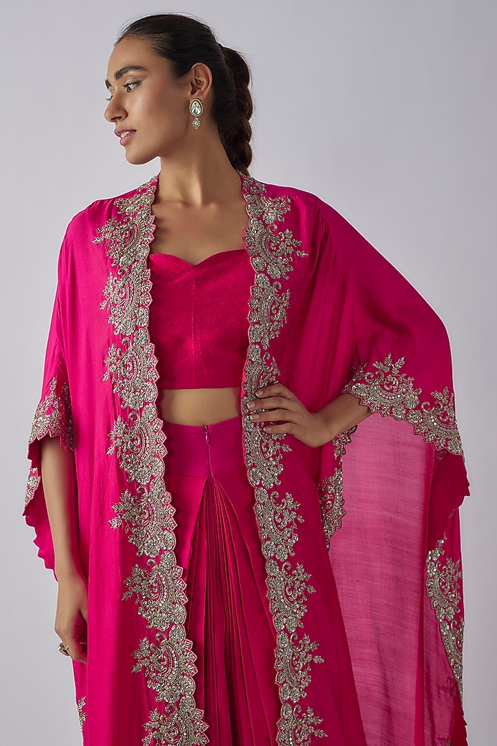 Fuchsia Silk Zardosi Embroidered Cape Set by Jayanti Reddy at Pernia's Pop Up Shop