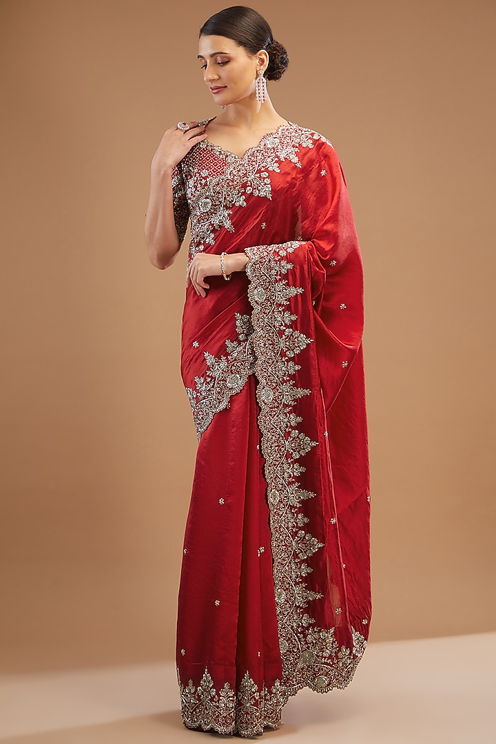 Red Silk Embroidered Saree Set by Jayanti Reddy