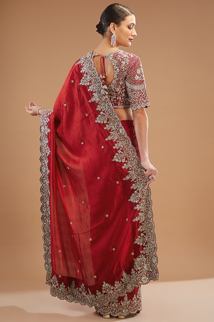 Red Silk Embroidered Bridal Saree Set by Jayanti Reddy at Pernia's Pop Up Shop