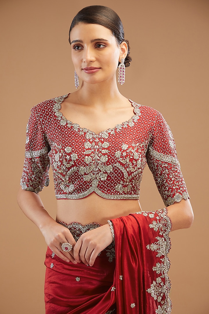 Red Silk Embroidered Bridal Saree Set by Jayanti Reddy at Pernia's Pop Up Shop