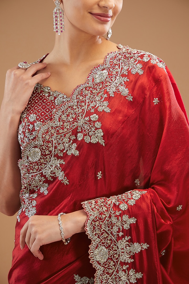 Red Silk Embroidered Bridal Saree Set by Jayanti Reddy at Pernia's Pop Up Shop