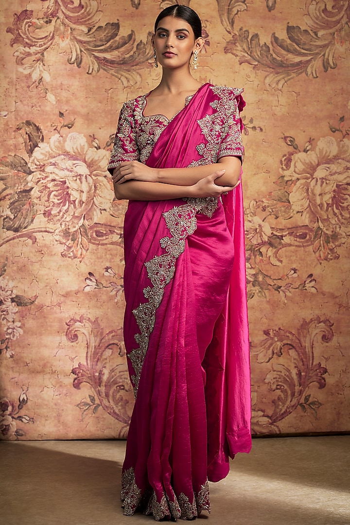 Rani Pink Silk Cutwork Embroidered Saree Set by Jayanti Reddy