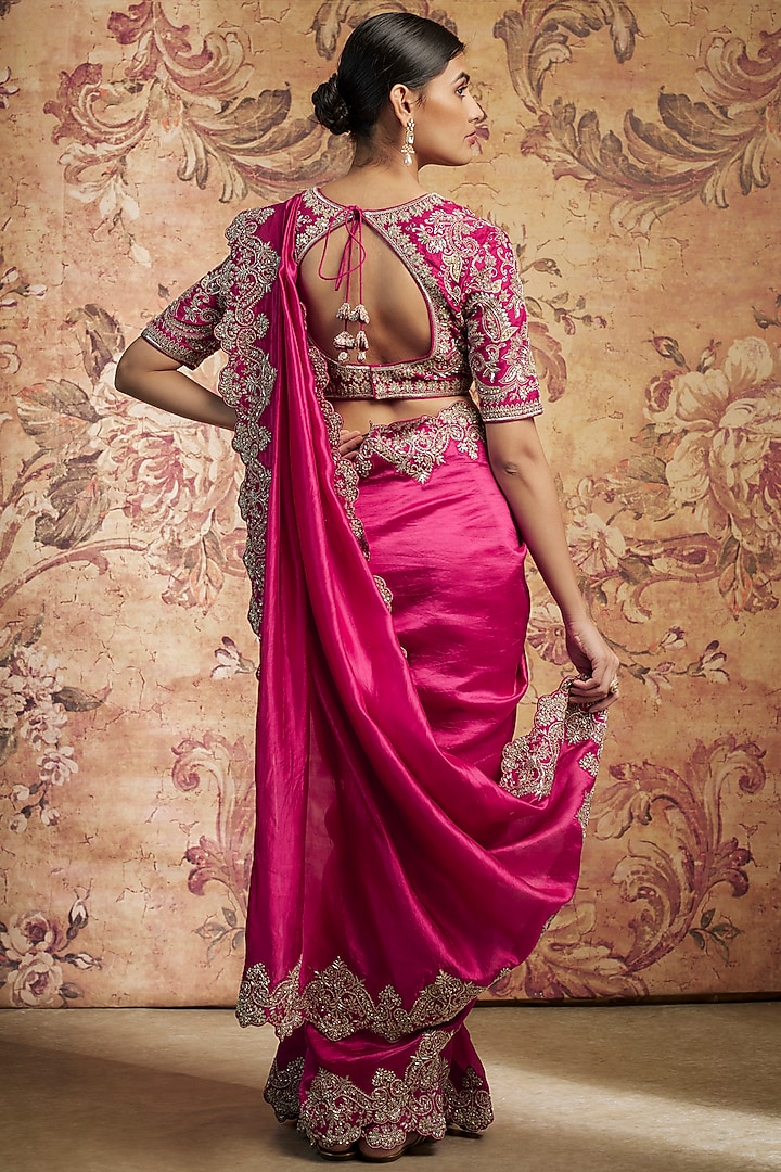 Rani Pink Silk Cutwork Embroidered Bridal Saree Set by Jayanti Reddy at Pernia's Pop Up Shop