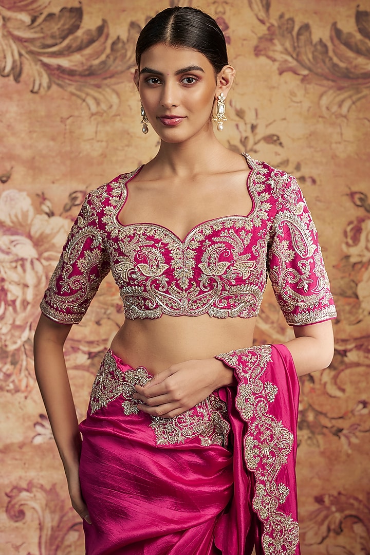 Rani Pink Silk Cutwork Embroidered Bridal Saree Set by Jayanti Reddy at Pernia's Pop Up Shop