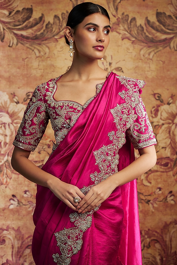 Rani Pink Silk Cutwork Embroidered Bridal Saree Set by Jayanti Reddy at Pernia's Pop Up Shop