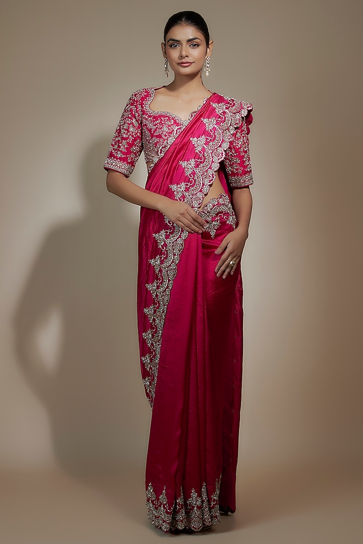 Pink Silk Cutwork Embroidered Bridal Saree Set by Jayanti Reddy at Pernia's Pop Up Shop