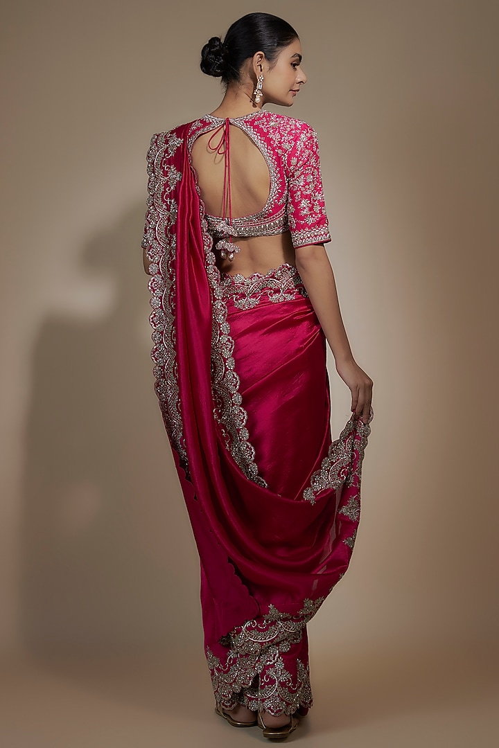 Pink Silk Cutwork Embroidered Bridal Saree Set by Jayanti Reddy at Pernia's Pop Up Shop