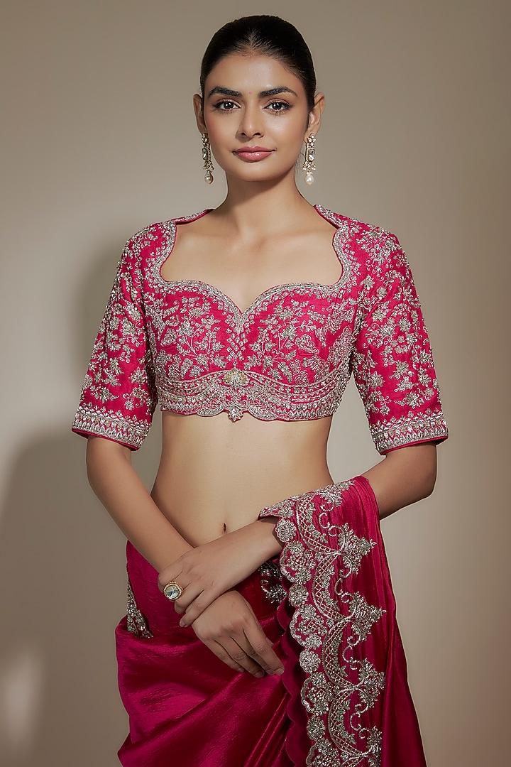 Pink Silk Cutwork Embroidered Bridal Saree Set by Jayanti Reddy at Pernia's Pop Up Shop