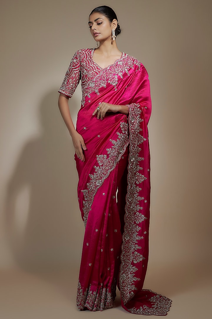 Pink Silk Cutwork Embroidered Saree Set by Jayanti Reddy