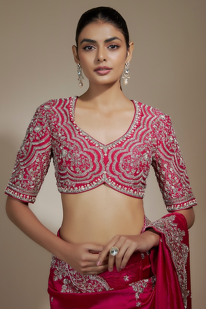 Pink Silk Cutwork Embroidered Bridal Saree Set by Jayanti Reddy at Pernia's Pop Up Shop