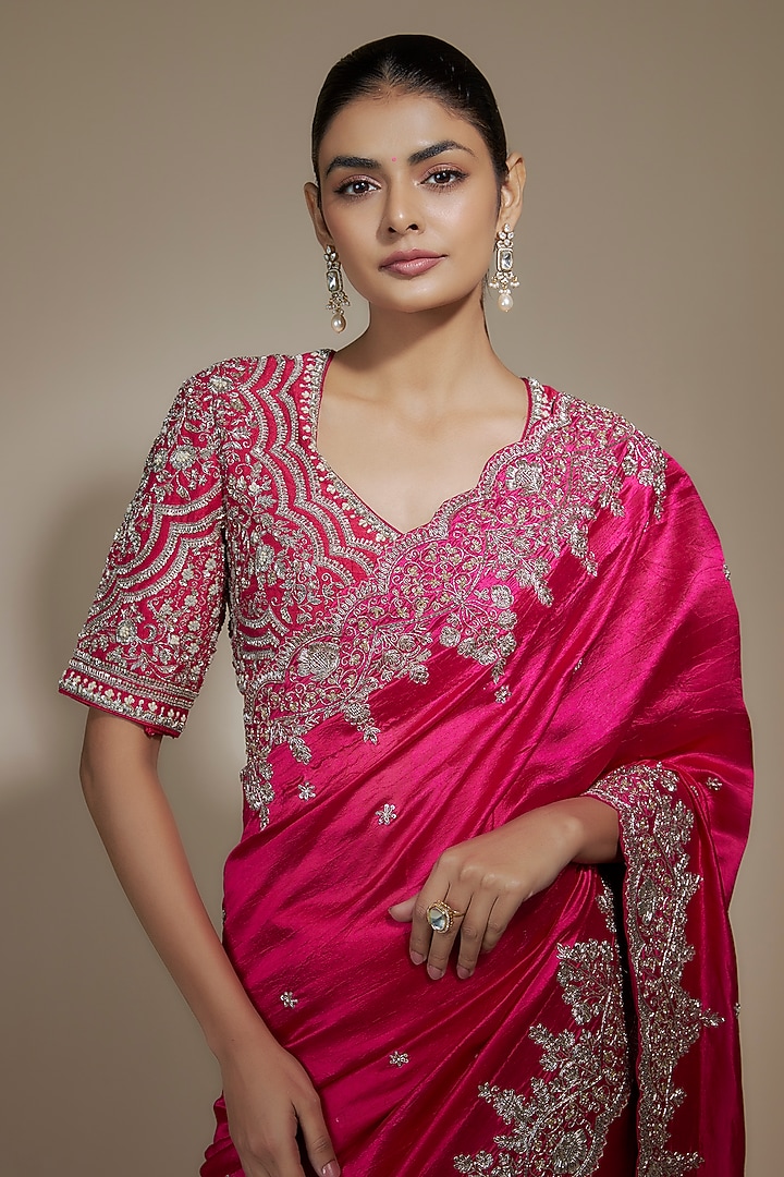 Pink Silk Cutwork Embroidered Bridal Saree Set by Jayanti Reddy at Pernia's Pop Up Shop