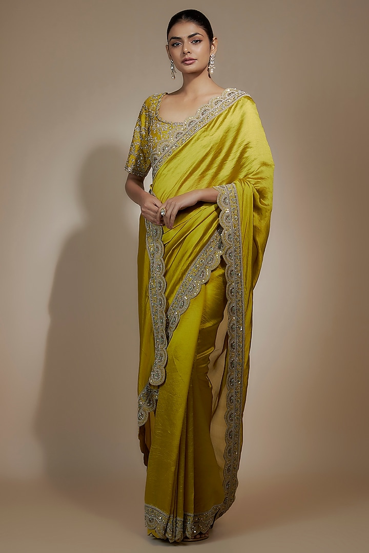 Mustard Yellow Silk Zari Embroidered Saree Set by Jayanti Reddy