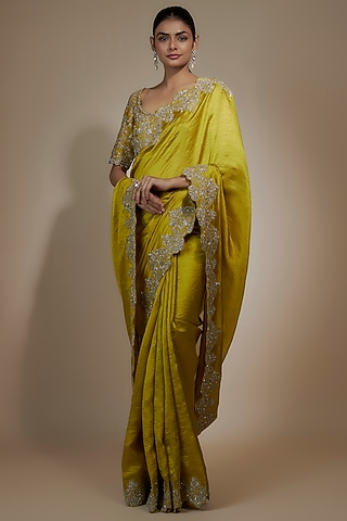 Mustard Yellow Silk Zari Embroidered Saree Set by Jayanti Reddy
