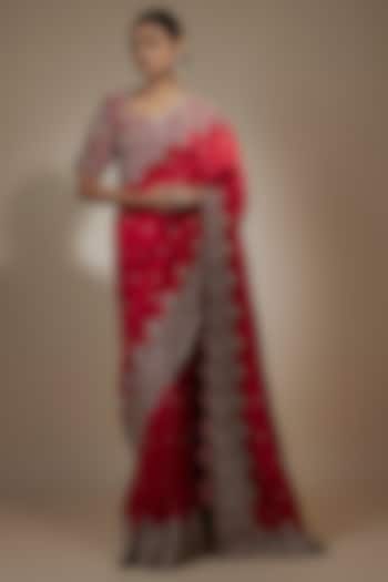 Red Silk Cutwork Embroidered Saree Set by Jayanti Reddy