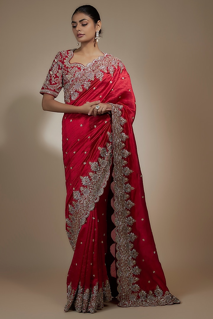 Red Silk Cutwork Embroidered Saree Set by Jayanti Reddy