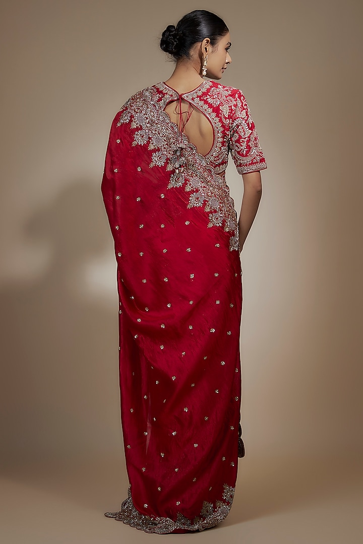 Red Silk Cutwork Embroidered Bridal Saree Set by Jayanti Reddy at Pernia's Pop Up Shop