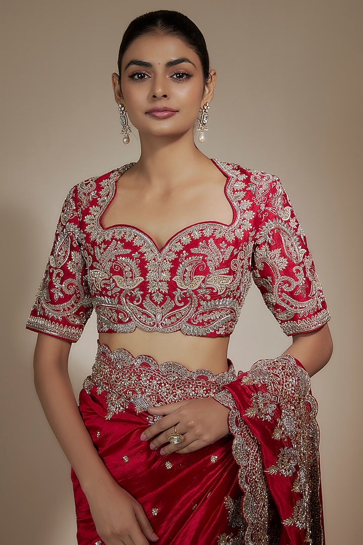 Red Silk Cutwork Embroidered Bridal Saree Set by Jayanti Reddy at Pernia's Pop Up Shop
