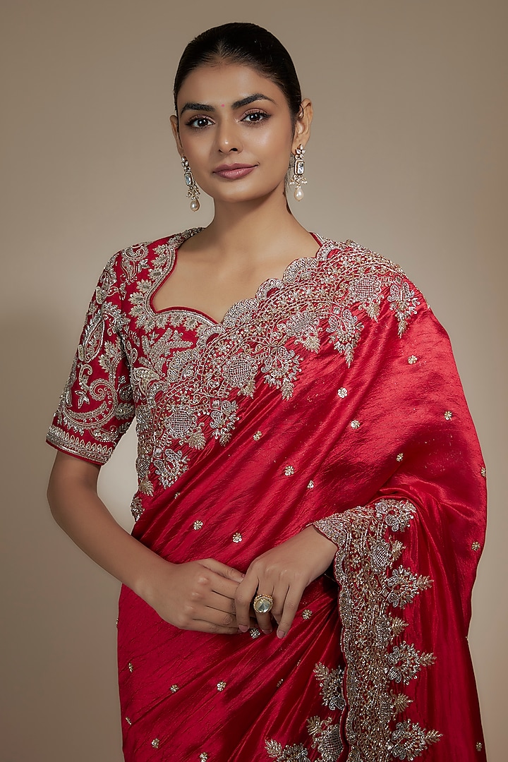 Red Silk Cutwork Embroidered Bridal Saree Set by Jayanti Reddy at Pernia's Pop Up Shop