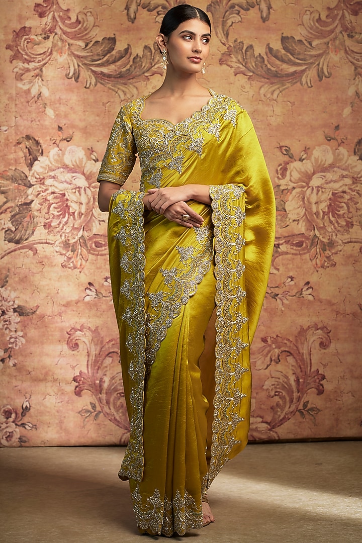 Mustard Yellow Silk Cutwork Embroidered Bridal Saree Set by Jayanti Reddy at Pernia's Pop Up Shop