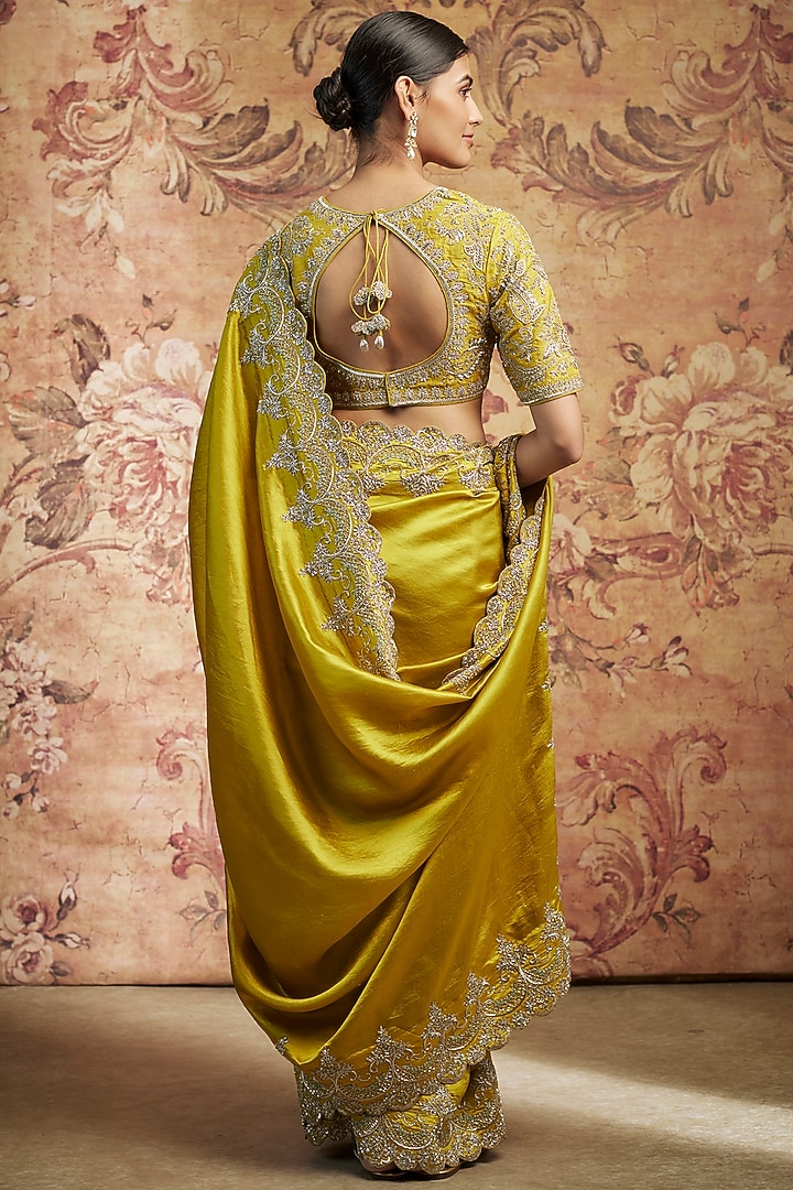 Mustard Yellow Silk Cutwork Embroidered Bridal Saree Set by Jayanti Reddy at Pernia's Pop Up Shop