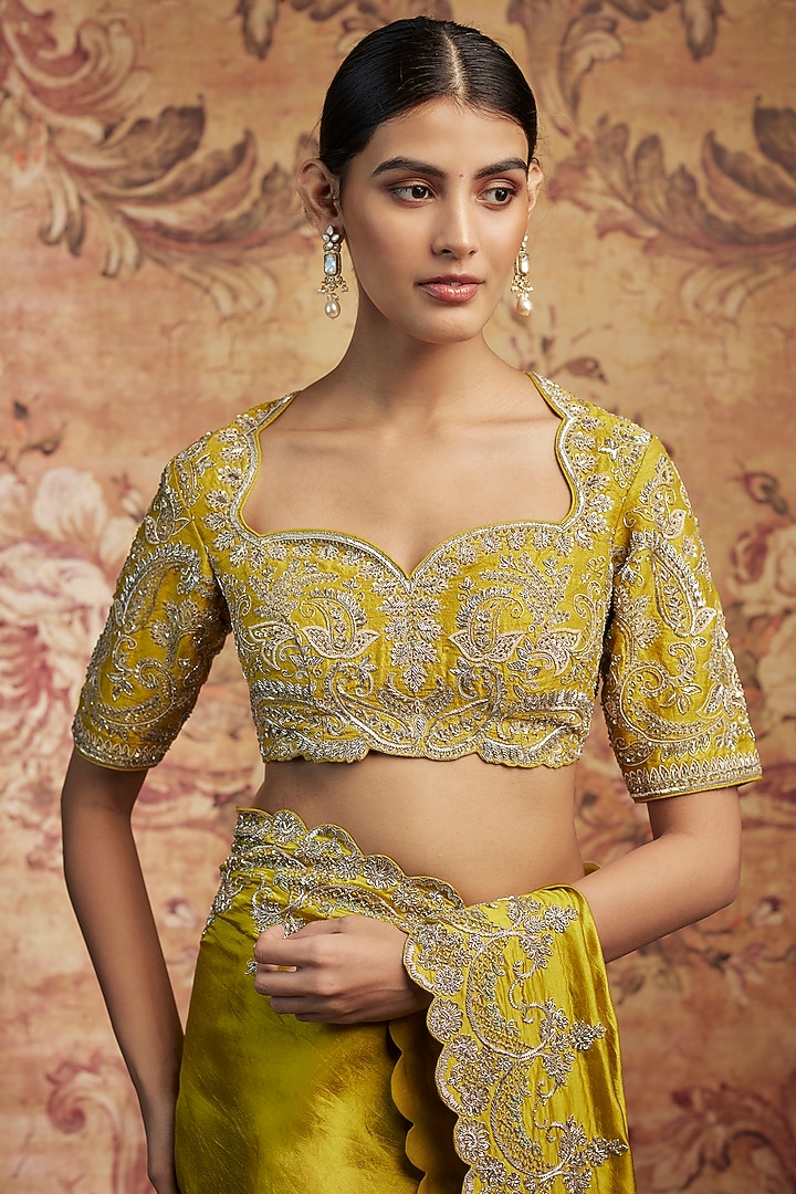 Mustard Yellow Silk Cutwork Embroidered Bridal Saree Set by Jayanti Reddy at Pernia's Pop Up Shop