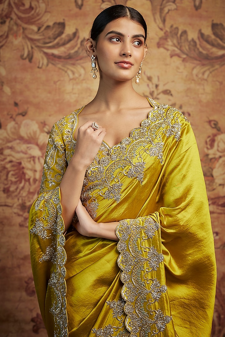 Mustard Yellow Silk Cutwork Embroidered Bridal Saree Set by Jayanti Reddy at Pernia's Pop Up Shop
