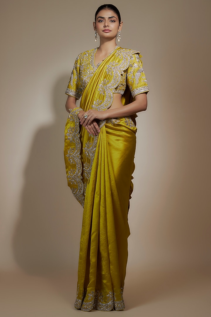 Mustard Yellow Silk Cutwork Embroidered Bridal Saree Set by Jayanti Reddy at Pernia's Pop Up Shop