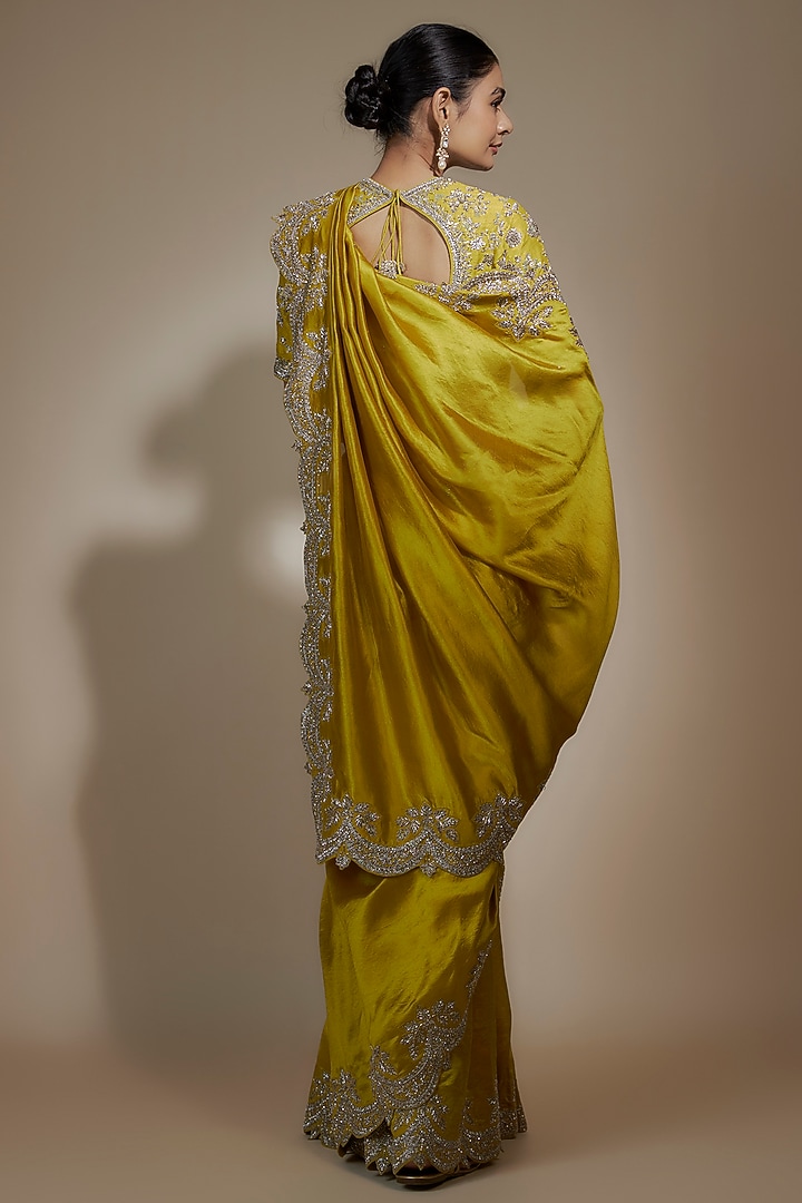 Mustard Yellow Silk Cutwork Embroidered Bridal Saree Set by Jayanti Reddy at Pernia's Pop Up Shop