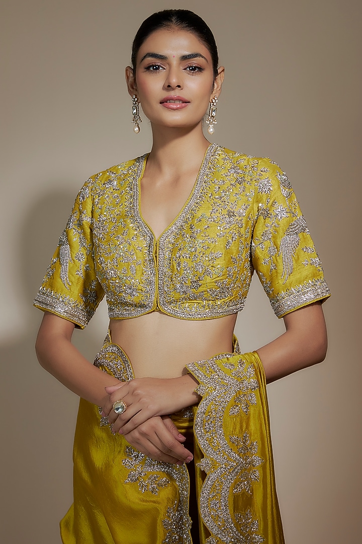 Mustard Yellow Silk Cutwork Embroidered Bridal Saree Set by Jayanti Reddy at Pernia's Pop Up Shop