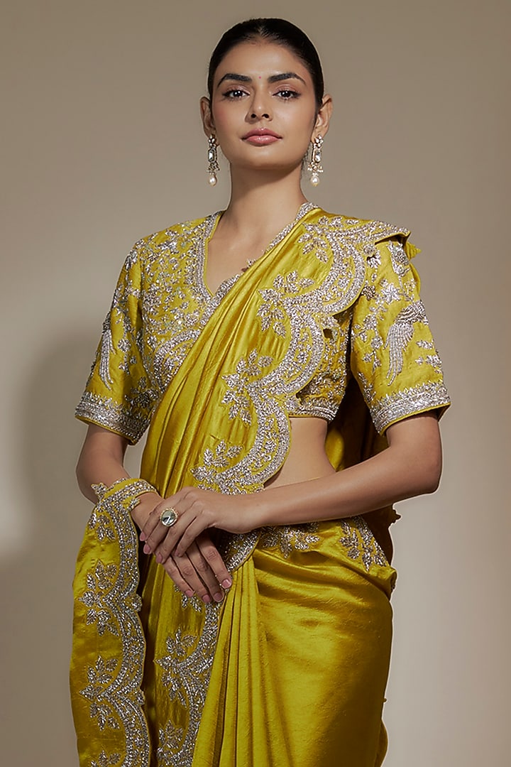 Mustard Yellow Silk Cutwork Embroidered Bridal Saree Set by Jayanti Reddy at Pernia's Pop Up Shop