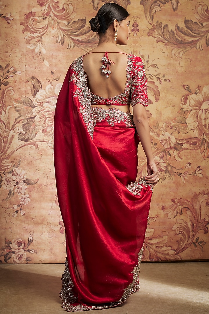 Red Silk Cutwork Embroidered Bridal Saree Set by Jayanti Reddy at Pernia's Pop Up Shop