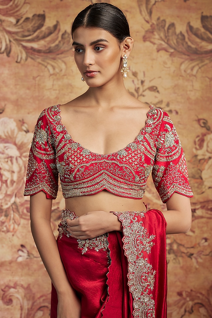 Red Silk Cutwork Embroidered Bridal Saree Set by Jayanti Reddy at Pernia's Pop Up Shop