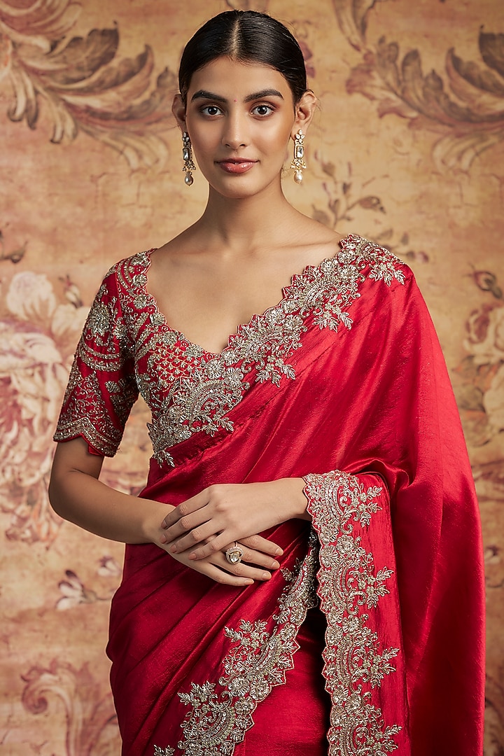 Red Silk Cutwork Embroidered Bridal Saree Set by Jayanti Reddy at Pernia's Pop Up Shop
