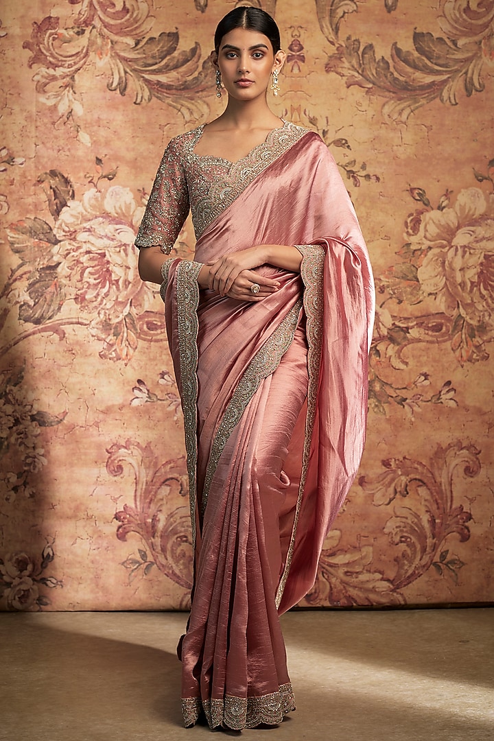 Peach Silk Zari Embroidered Saree Set by Jayanti Reddy at Pernia's Pop Up Shop