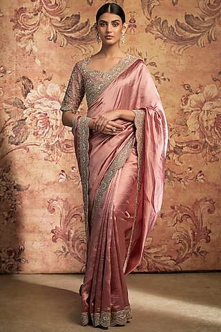 Peach Silk Zari Embroidered Saree Set by Jayanti Reddy