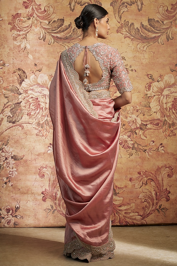 Peach Silk Zari Embroidered Bridal Saree Set by Jayanti Reddy at Pernia's Pop Up Shop
