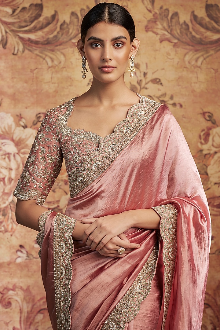 Peach Silk Zari Embroidered Bridal Saree Set by Jayanti Reddy at Pernia's Pop Up Shop
