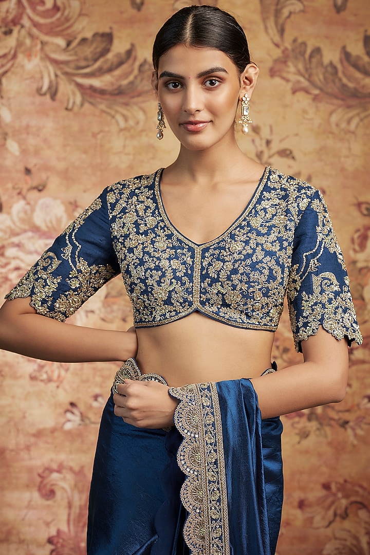 Navy Blue Silk Zari Embroidered Bridal Saree Set by Jayanti Reddy at Pernia's Pop Up Shop