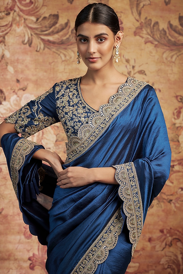 Navy Blue Silk Zari Embroidered Bridal Saree Set by Jayanti Reddy at Pernia's Pop Up Shop