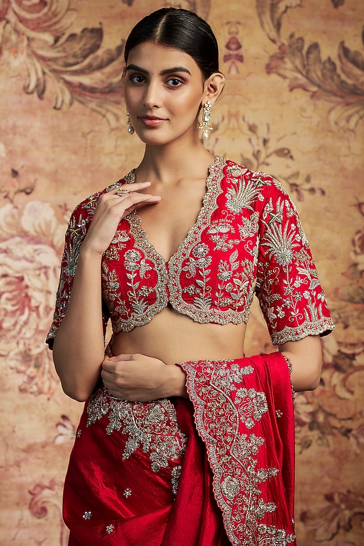 Red Silk Zari Embroidered Bridal Saree Set by Jayanti Reddy at Pernia's Pop Up Shop