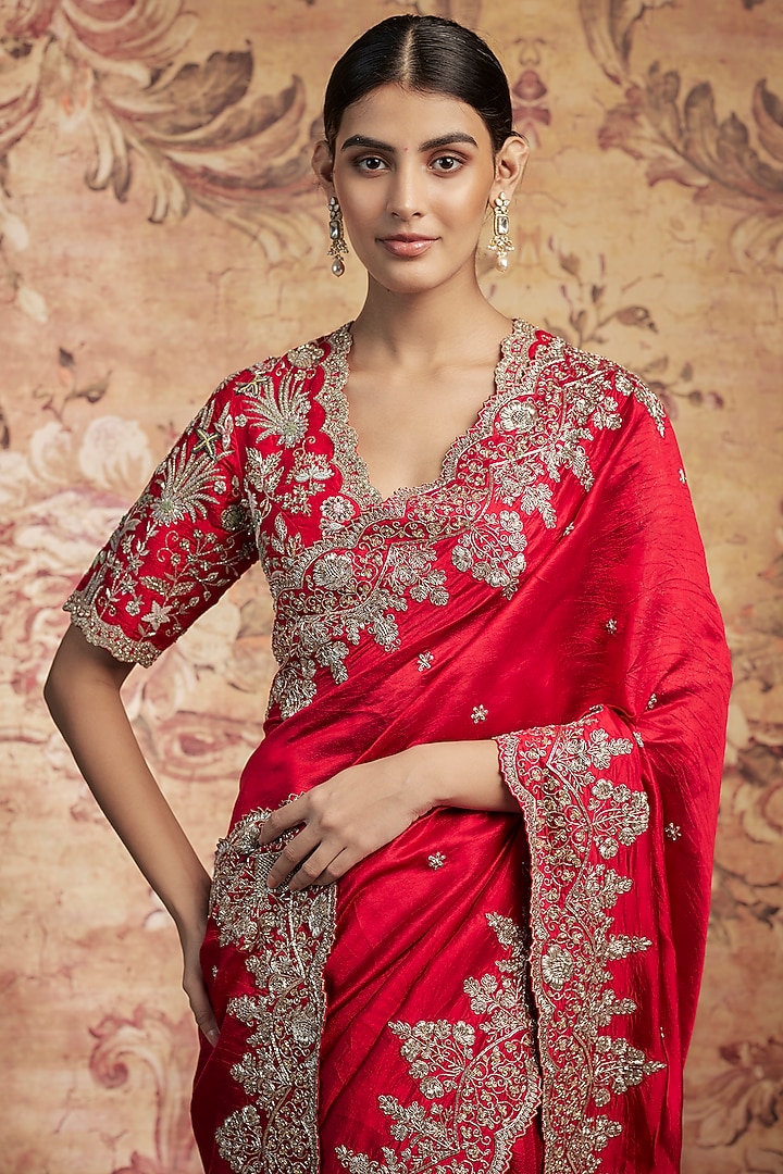 Red Silk Zari Embroidered Bridal Saree Set by Jayanti Reddy at Pernia's Pop Up Shop