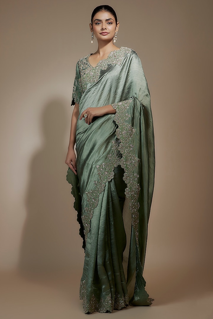 Mint Green Silk Zari Embroidered Saree Set by Jayanti Reddy