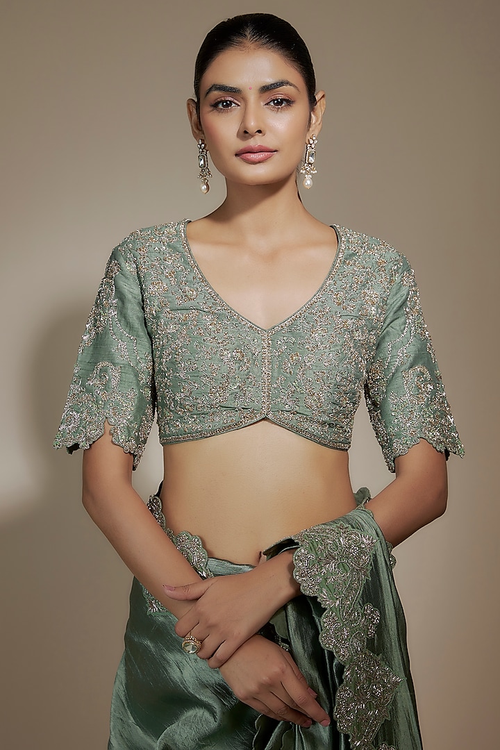 Mint Green Silk Zari Embroidered Bridal Saree Set by Jayanti Reddy at Pernia's Pop Up Shop