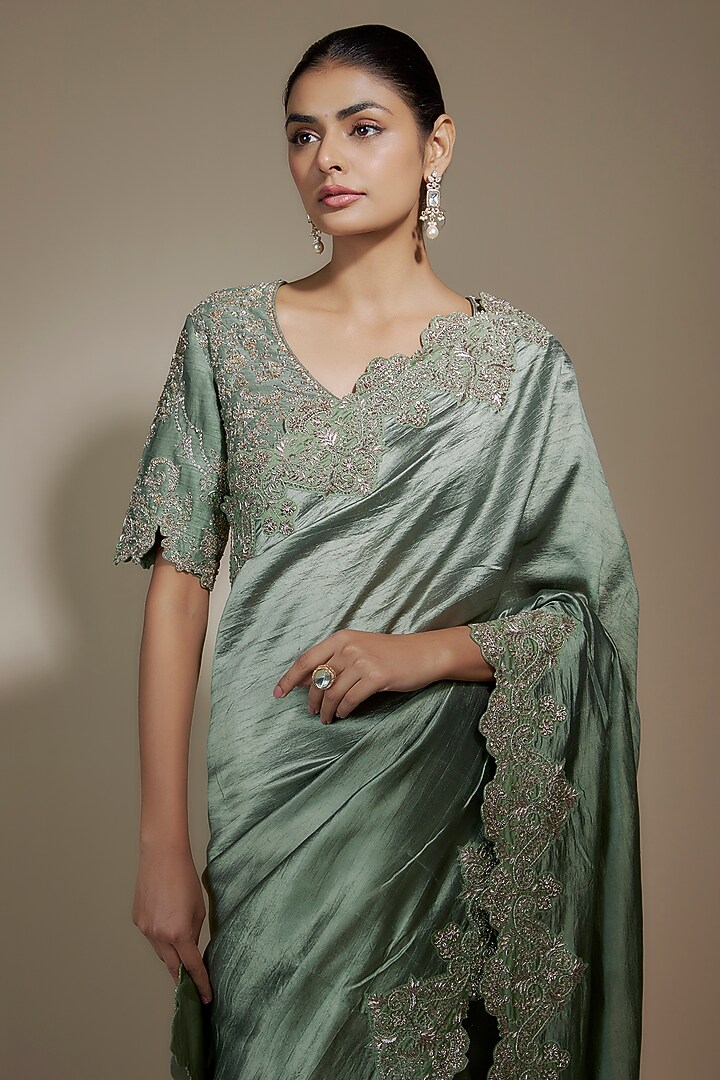 Mint Green Silk Zari Embroidered Bridal Saree Set by Jayanti Reddy at Pernia's Pop Up Shop