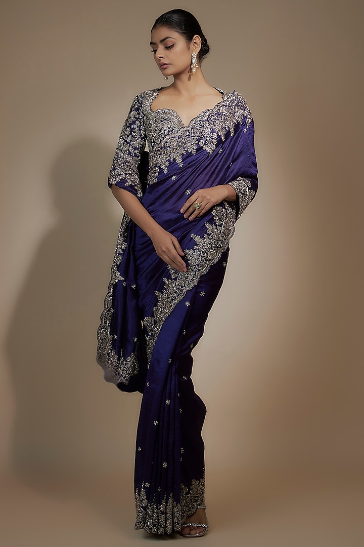 Purple Silk Zari Embroidered Saree Set by Jayanti Reddy