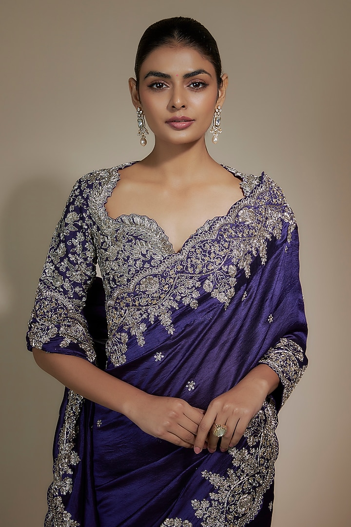 Purple Silk Zari Embroidered Bridal Saree Set by Jayanti Reddy at Pernia's Pop Up Shop