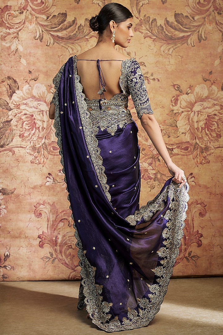 Purple Silk Cutwork Embroidered Bridal Saree Set by Jayanti Reddy at Pernia's Pop Up Shop