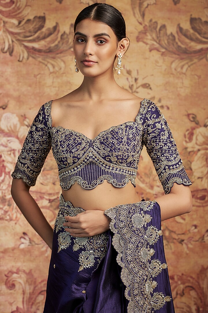Purple Silk Cutwork Embroidered Bridal Saree Set by Jayanti Reddy at Pernia's Pop Up Shop