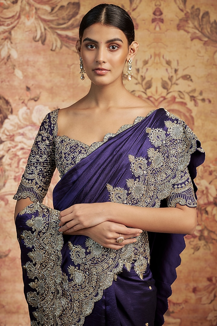 Purple Silk Cutwork Embroidered Bridal Saree Set by Jayanti Reddy at Pernia's Pop Up Shop